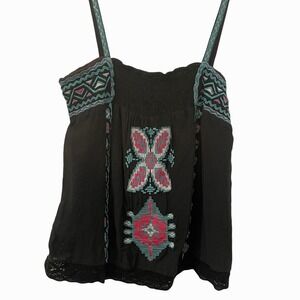Gold Hawk Black Silk Embroidered Southwestern Boho Cami Top Lace Smocked Y2K